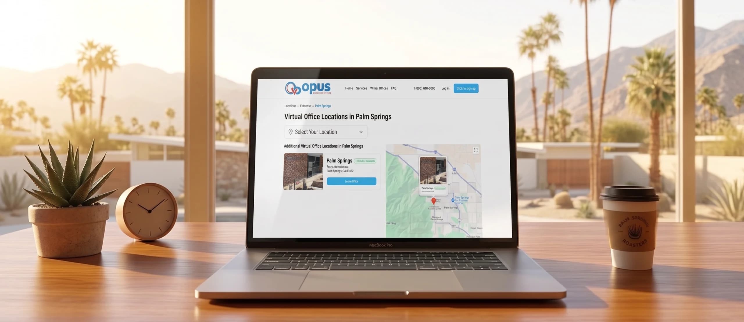 Laptop on a wooden desk displaying Opus Virtual Offices Palm Springs locations page with palm trees and desert mountains visible in the background.