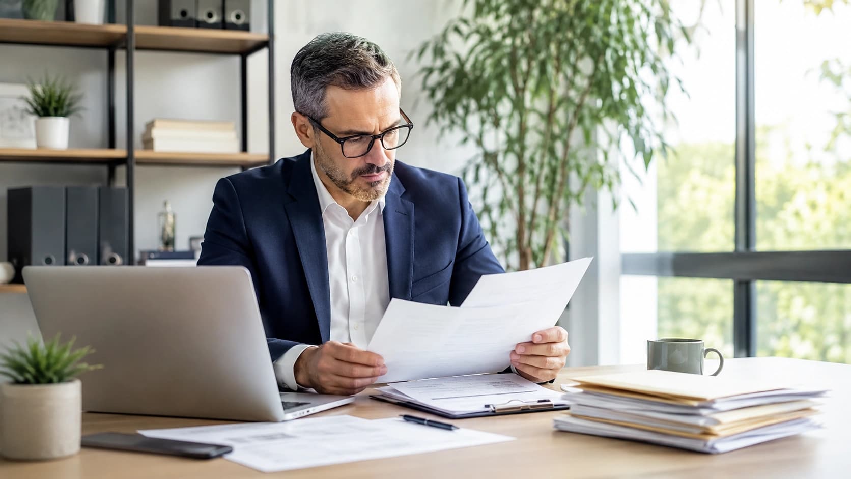 Businessman in a navy blazer reviewing printed documents at a desk with a laptop and stacked file folders