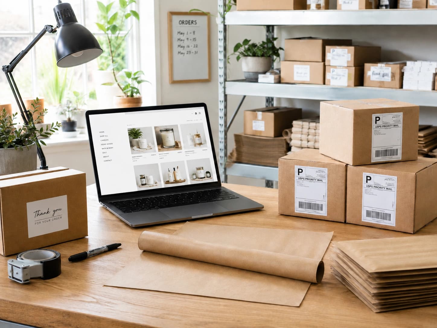 Home shipping desk with laptop showing online shop and packed priority mail boxes