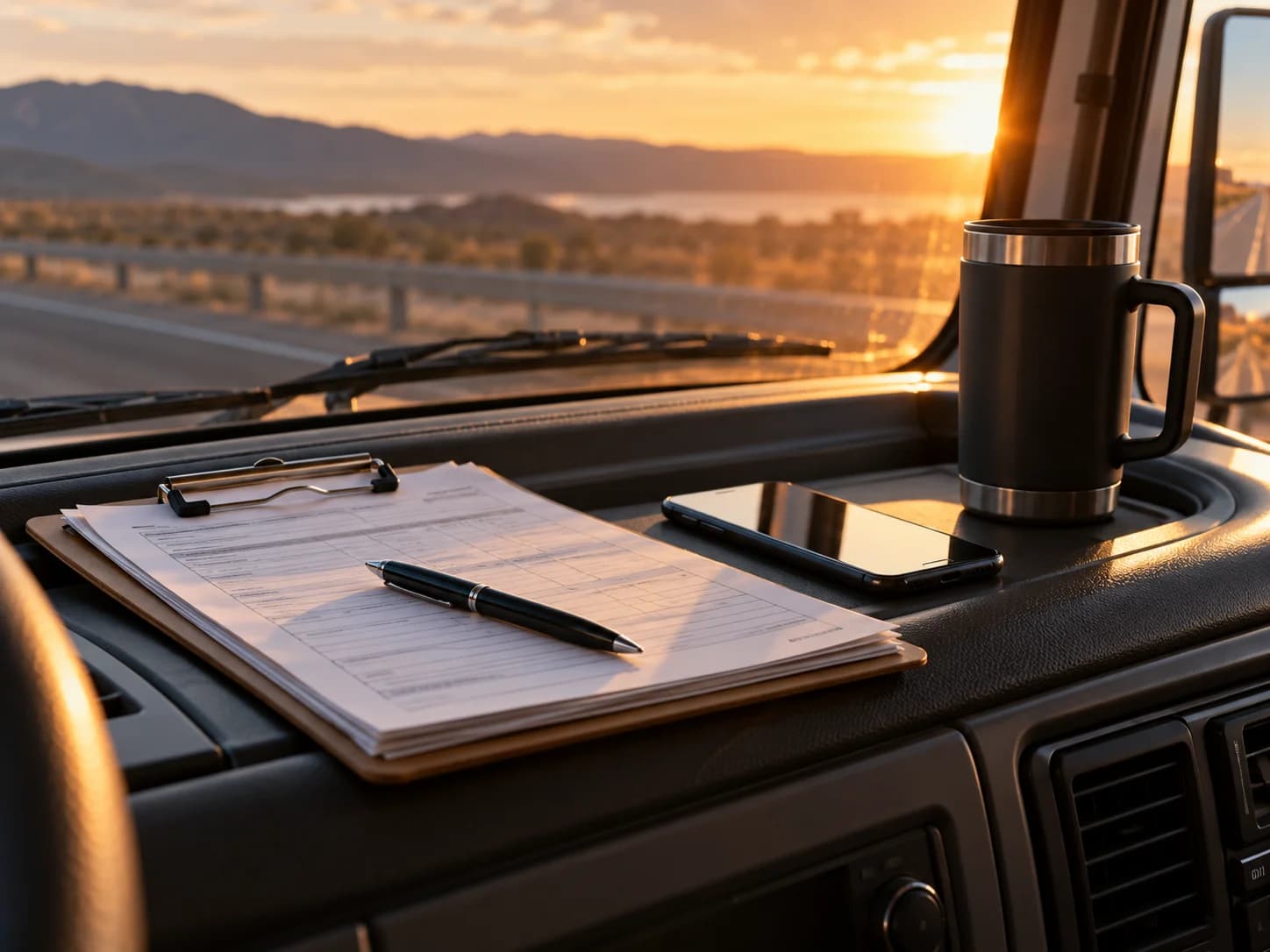 Truck cab dashboard with a clipboard of paperwork, a pen, a smartphone, and a travel mug as the sun sets over a desert highway