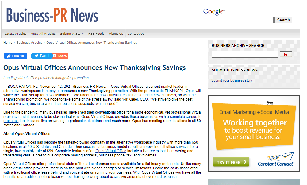 Opus Virtual Offices Announces New Thanksgiving Savings