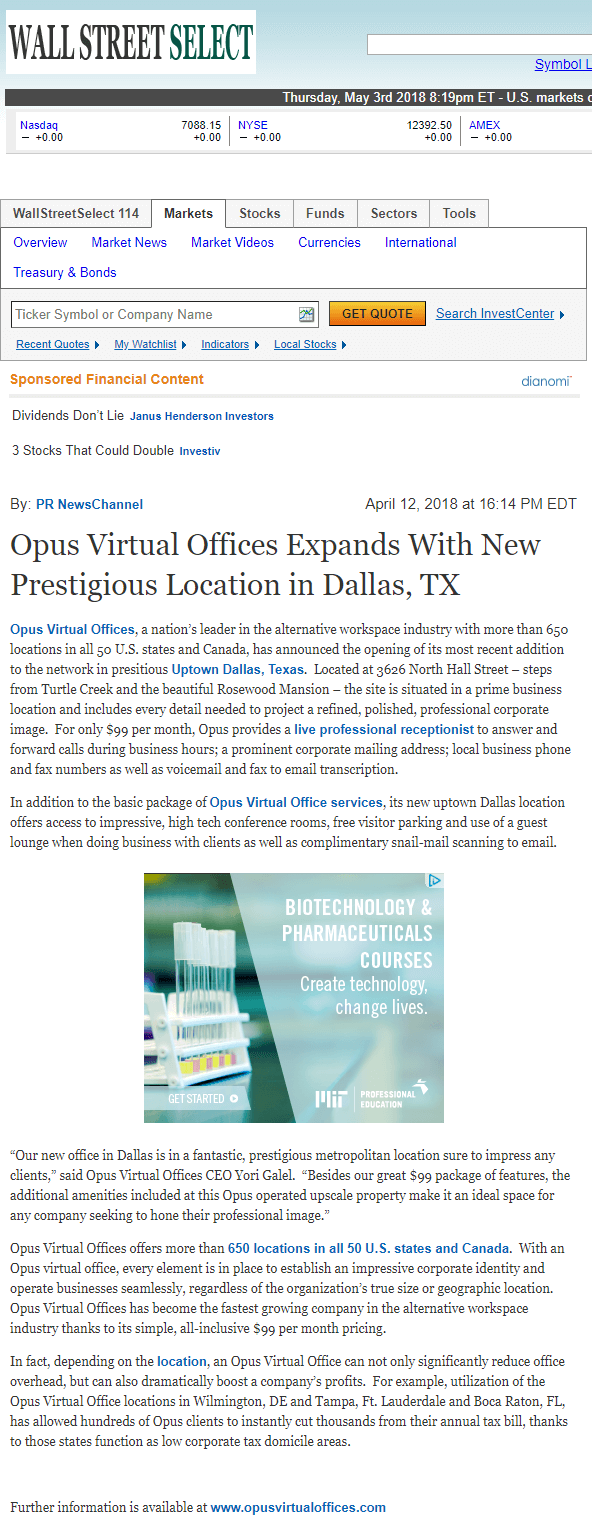 Opus Virtual Offices Expands With New Prestigious Location in Dallas, TX