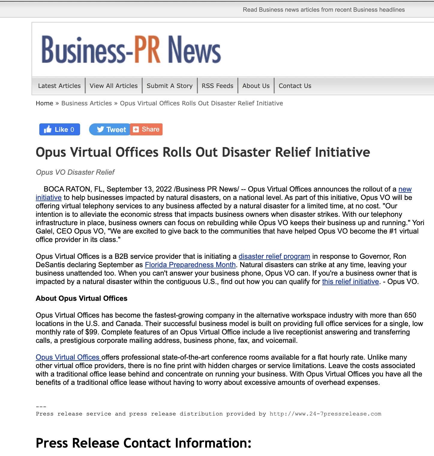 Opus Virtual Offices Rolls Out Disaster Relief Initiative