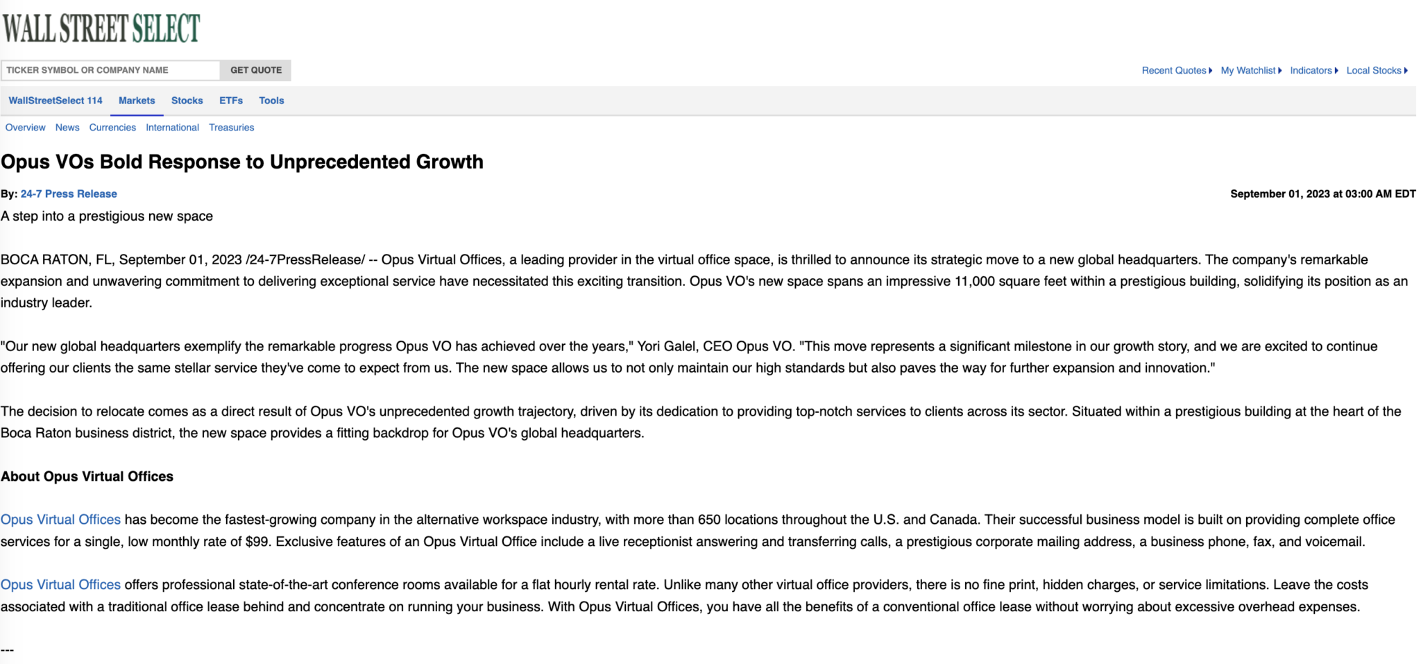 News Alert! Opus VO Shines in Wall Street Select! Opus Virtual Offices