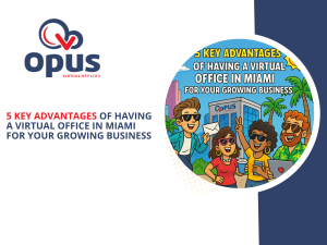 Cartoon-style image featuring stylish entrepreneurs smiling outside an Opus Virtual Offices building in sunny Miami. Palm trees, sunglasses, and bright colors reflect the energetic vibe of the city, showcasing the benefits of a virtual office in Miami for growing businesses.