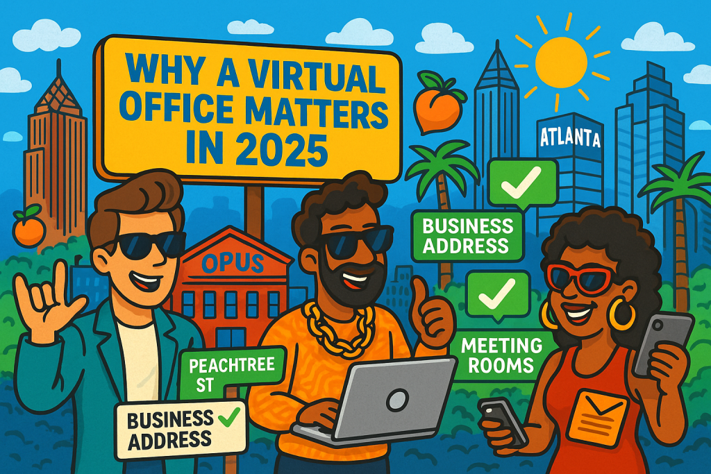 A vibrant, cartoon-style illustration of Atlanta’s skyline featuring iconic landmarks like the Bank of America Plaza and the SkyView Ferris wheel. The scene includes diverse entrepreneurs working remotely from various outdoor spots—parks, rooftops, and cafes—each with laptops and coffee cups. A prominent billboard displays “Opus Virtual Office – $99/mo” with a rocket launching beside it. Flying drones deliver mail, and a robot receptionist hands a business card to a smiling freelancer. The atmosphere is dynamic and futuristic, highlighting the flexibility of virtual offices in Atlanta.