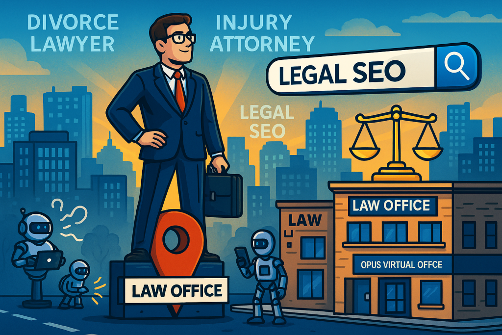 Confident cartoon lawyer atop a Google Maps pin, representing a virtual office boosting local SEO.