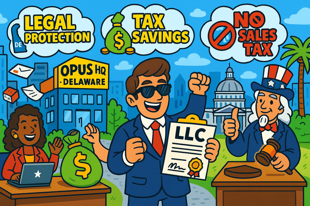 A colorful cartoon-style digital illustration representing Delaware Virtual Offices. The scene features a golden statehouse labeled “Delaware HQ” surrounded by palm trees, mail robots, and smiling entrepreneurs holding LLC documents. A giant shield labeled “Legal Protection” hovers above, while tax forms rain from the sky and a rocketship labeled “$99/mo Virtual Office” launches in the background. A banner reads “No Sales Tax • High Credibility • Total Privacy” as business characters celebrate with laptops and briefcases. The image visually conveys the tax benefits, legal protections, and credibility of using a Delaware virtual office for LLCs.