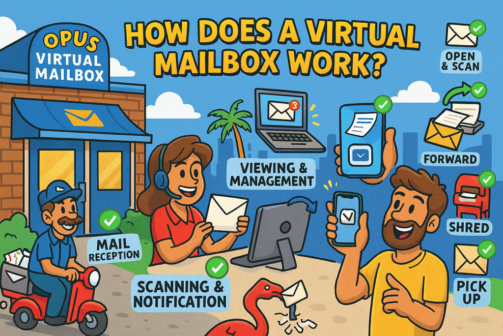 A colorful, cartoon-style digital illustration showing how a virtual mailbox works. A cheerful business owner views mail from a laptop while a robot receptionist scans letters and a drone delivers envelopes. Step icons float above showing mail receipt, scanning, forwarding, shredding, and pickup. The Opus Virtual Offices HQ building stands in the background with palm trees, packages, and a “No More PO Box” sign, symbolizing digital convenience, professional image, and remote flexibility.