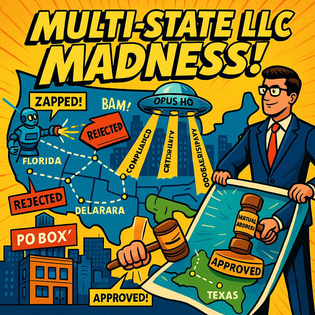 A comic-style illustration showing a superhero LLC character placing pins on multiple U.S. states, with mailboxes, courthouse buildings, and virtual office signs. Represents setting up a virtual business address for LLCs operating across multiple states.