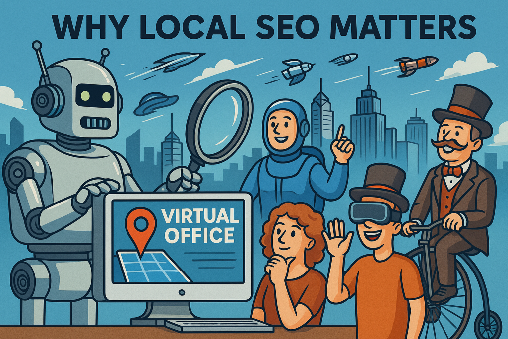 A vibrant digital illustration showing a business using a virtual office to boost local SEO. A city skyline looms behind a sleek “Opus Virtual Office” building with map pins, five-star reviews, and glowing Wi-Fi signals flying out like SEO boosters. Entrepreneurs stand confidently below, checking phones and laptops as their business appears in the Google 3-pack. A search engine robot gives a thumbs-up while a competitor business looks on in shock.