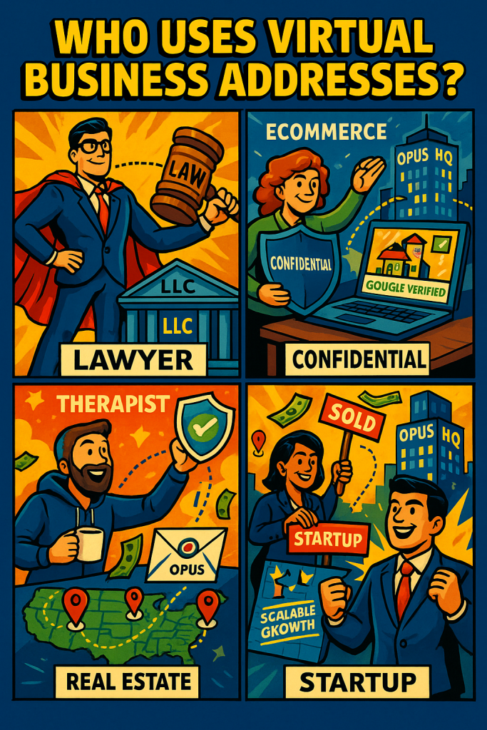 Colorful comic-style illustration showing six business professionals—lawyer, online retailer, therapist, freelancer, real estate agent, and tech founder—each using a virtual business address in unique ways across cities like Los Angeles, Miami, and Atlanta, with location pins, envelopes, and Opus Virtual Offices branding featured throughout.
