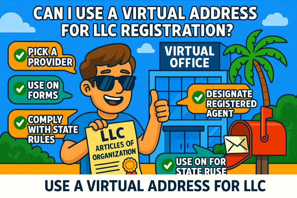 Colorful cartoon-style illustration showing an entrepreneur celebrating outside an “Opus Virtual Office” with documents marked “LLC Registered.” Surrounding elements include a mailbot, laptop, calendar, and signage that reads “$99/mo.” The scene highlights the benefits of using a virtual address for LLC registration.
