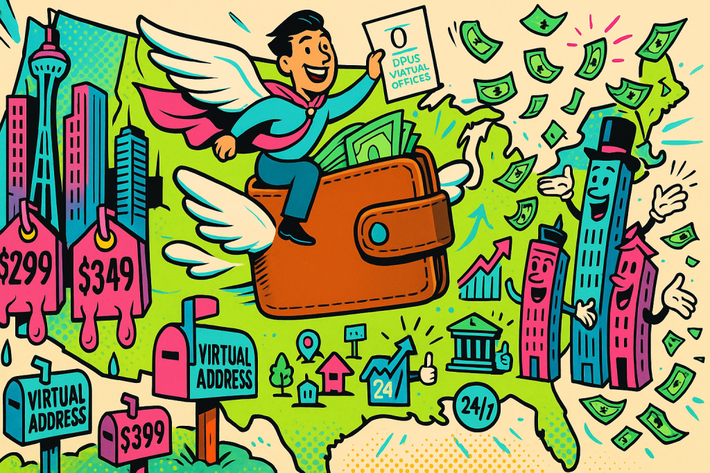 LLC owner rides a $99/mo flying wallet over neon USA map, contrasting low Opus virtual-address cost with pricey city tags