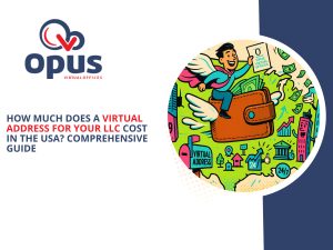 Opus banner: headline on left, cartoon of LLC owner surfing a $99 winged wallet on right, illustrating affordable virtual address cost
