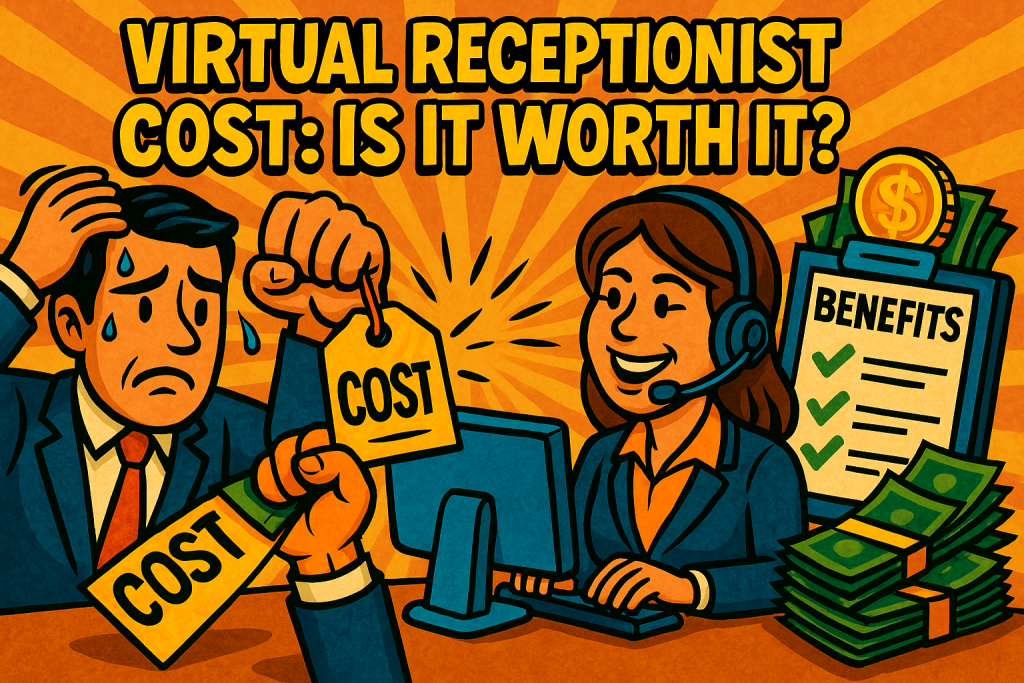 A cartoon-style digital illustration showing a cheerful business owner giving a thumbs-up while a professional virtual receptionist, wearing a headset, answers calls from a sleek control panel. The background features icons for dollar signs, phones, schedules, and client satisfaction ratings, visually representing affordable virtual receptionist services.