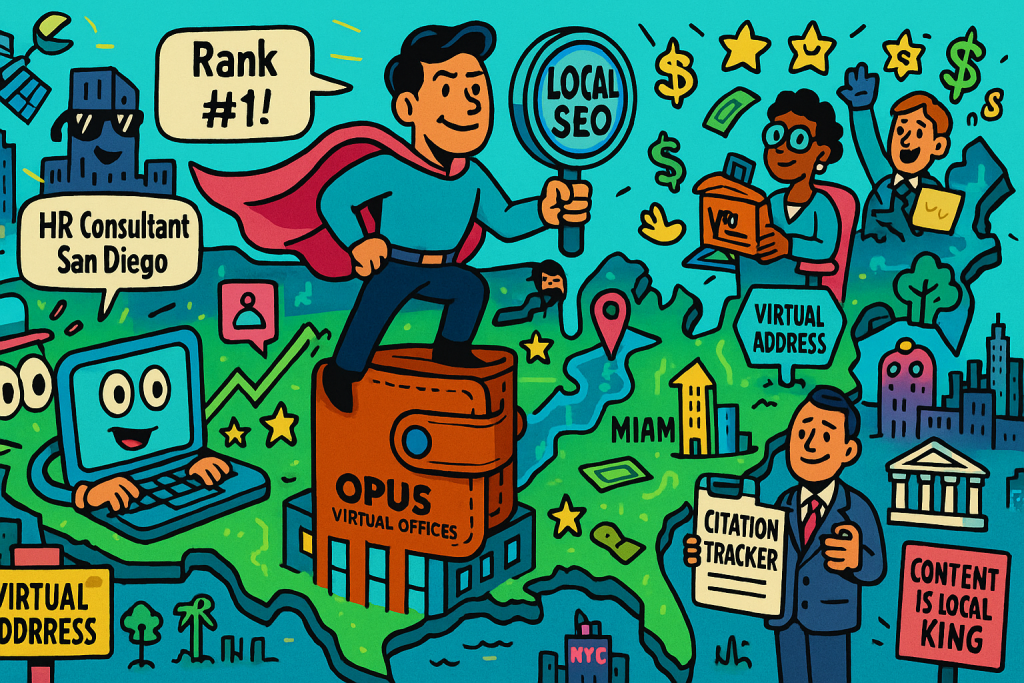 Business superhero stands on Opus Virtual Offices building over US map using SEO tools like citation tracker and virtual address signs
