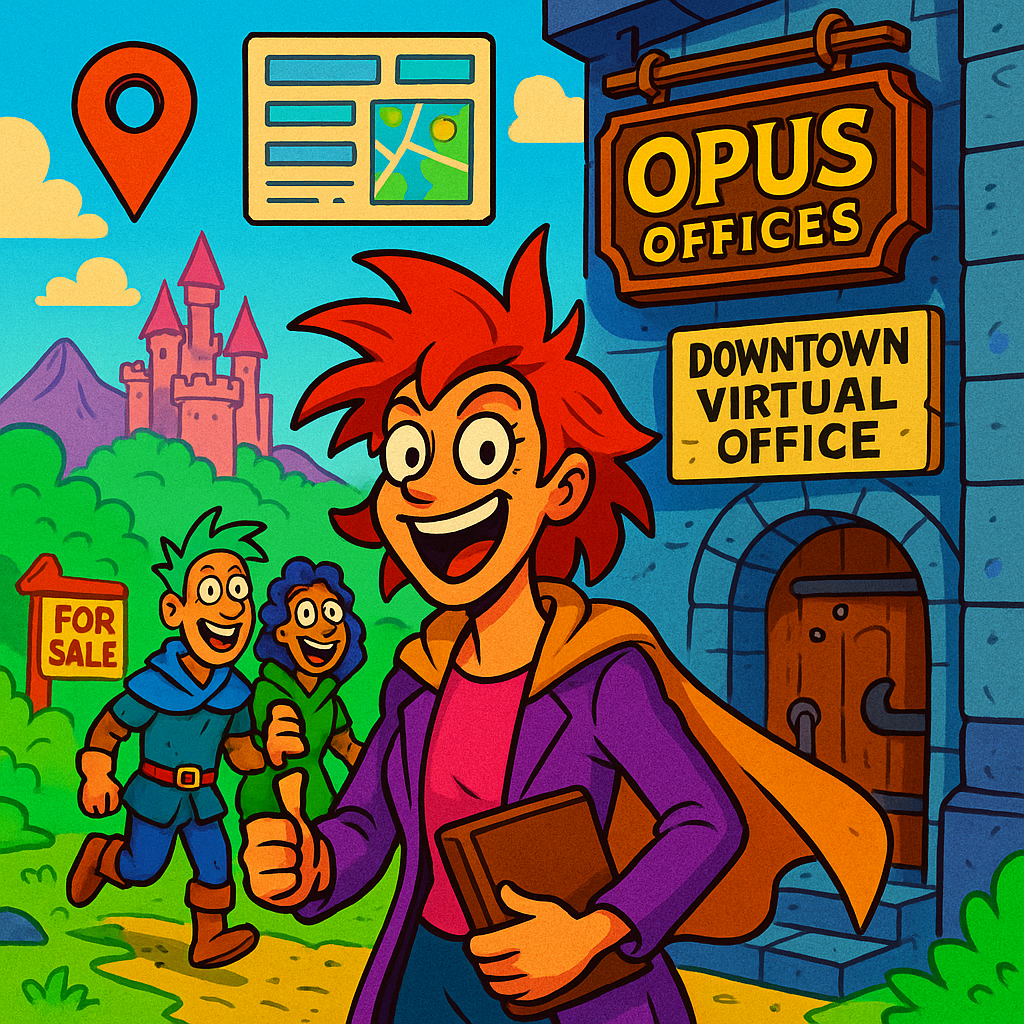 Cartoon-style real estate agent in a fantasy landscape outside a "Downtown Virtual Office" by Opus, welcoming local clients with a castle in the background.