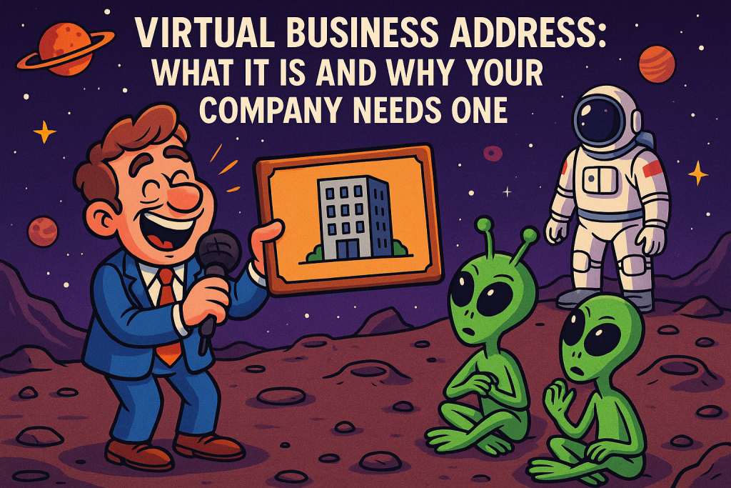 Cartoon businessman giving a presentation about virtual business addresses to aliens on another planet