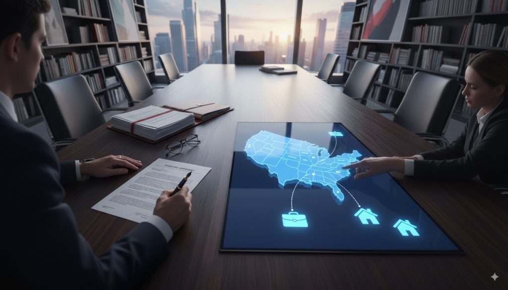 woman pointing at map of the united states in office building