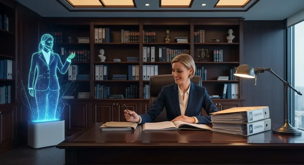Opus-Virtual-Office-Modern-Law-Firm Female lawyer reviewing case files in a prestigious office with holographic virtual receptionist at Opus Virtual Office