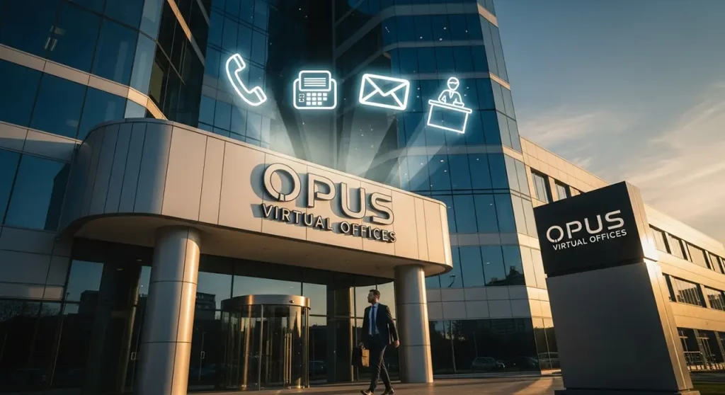Opus-Virtual-Office-Prestigious-Building-Exterior Prestigious glass office building with Opus Virtual Offices branding, lawyer entering, and glowing icons for phone, fax, mail handling, and live receptionist services