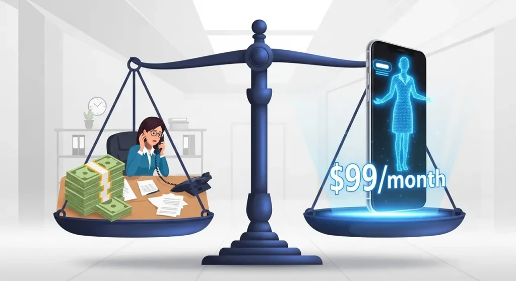 Opus-Virtual-Office-Virtual-Receptionist-Cost-Savings Justice scale comparing expensive in-house receptionist with affordable $99 per month Opus Virtual Office receptionist hologram