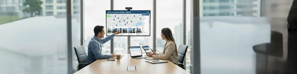 Two professionals in a modern conference room using Opus Virtual Office tools on digital devices