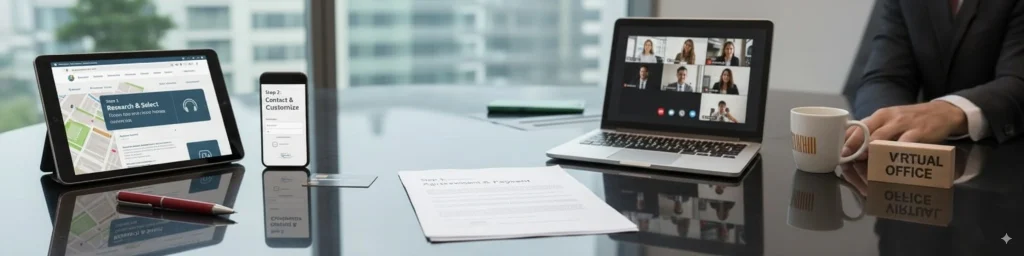 Tablet, smartphone, and laptop showing virtual office tools and video conference setup on a desk for Opus Virtual Office.