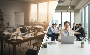 Side-by-side comparison of a cluttered home office and a professional virtual office with a smiling businesswoman and team collaboration.