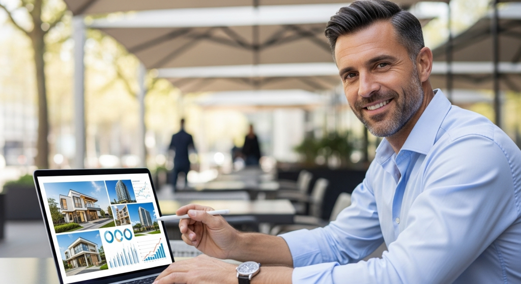 man showing real estate listing analysis in his laptop outside of the office