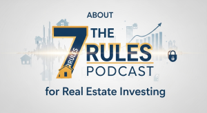 The 7 Rules Podcast logo for real estate investing, featuring audio waveforms, growth charts, and housing icons, aligned with Opus Virtual Office services.